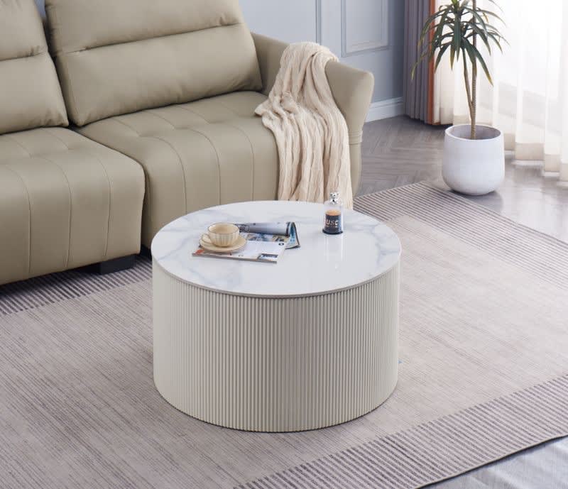 TABLE BASSE VALMY PIEDS BEIGE PLATEAU CERAMIQUE MARBRE BLANC 90X45