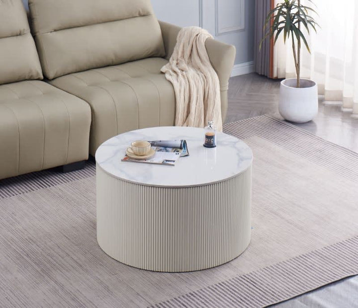 TABLE BASSE VALMY PIEDS BEIGE PLATEAU CERAMIQUE MARBRE BLANC 90X45