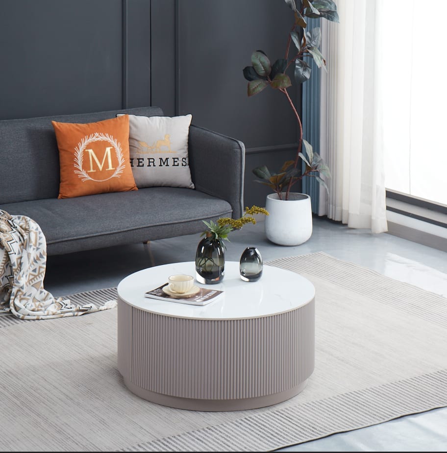 TABLE BASSE BARI BOIS GRIS PLATEAU MARBRE BLANC AVEC TIROIR 80x45cm