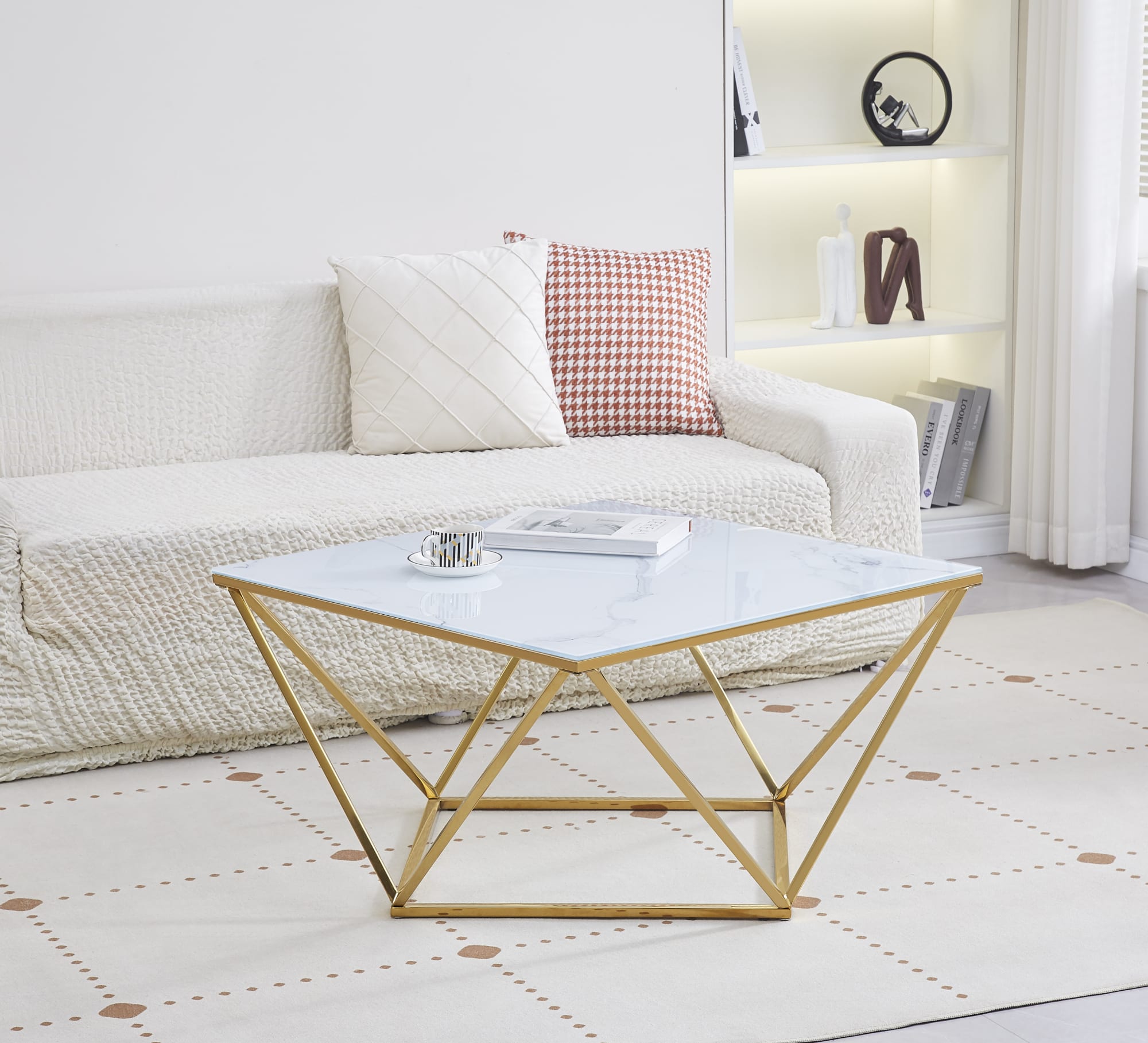 TABLE BASSE ALINA GOLD VERRE MARBRE BLANC 80x80x45cm