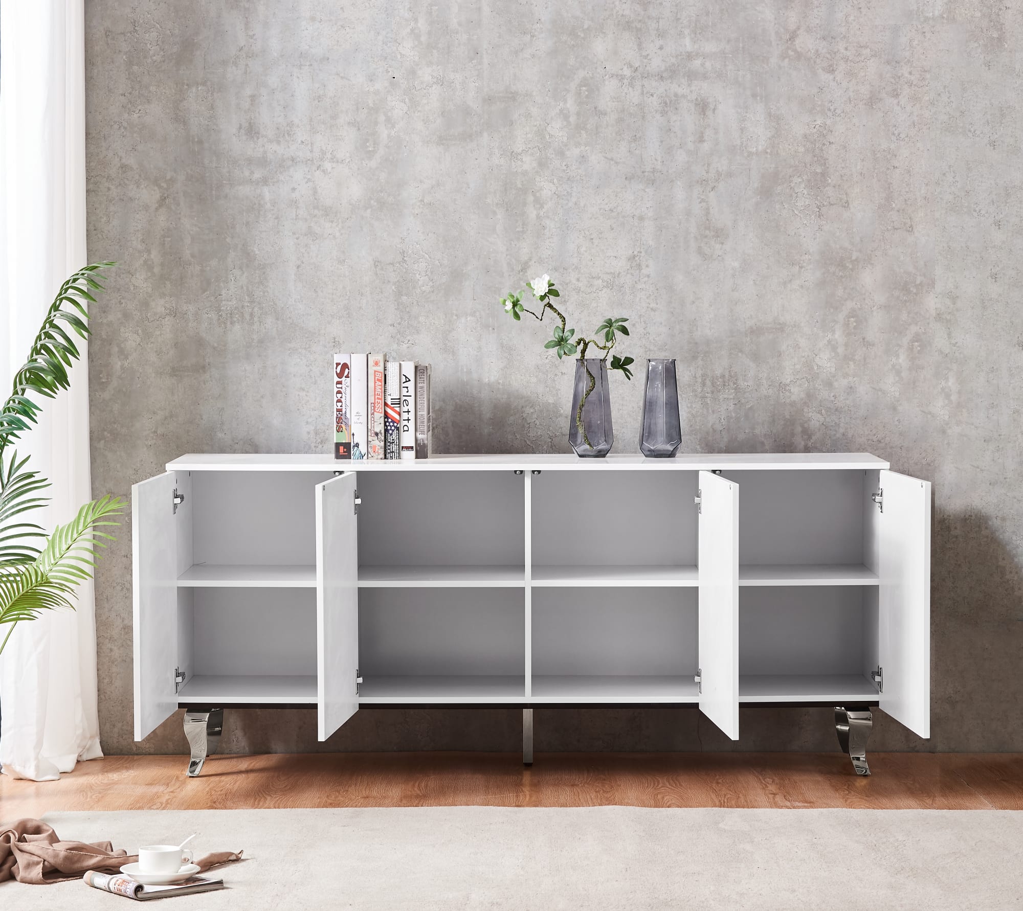 BUFFET BAROQUE LAQUE MARBRE BLANC 4 PORTES 180X40X80 CM PIEDS C