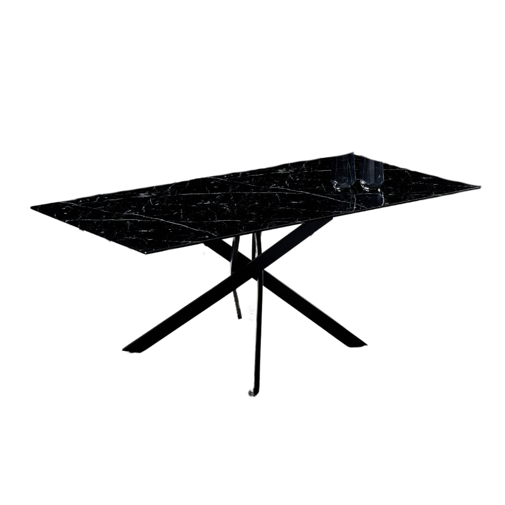 Table Repas JESSICA Métal noir et plateau en verre 150 cm 4 à 6 couverts