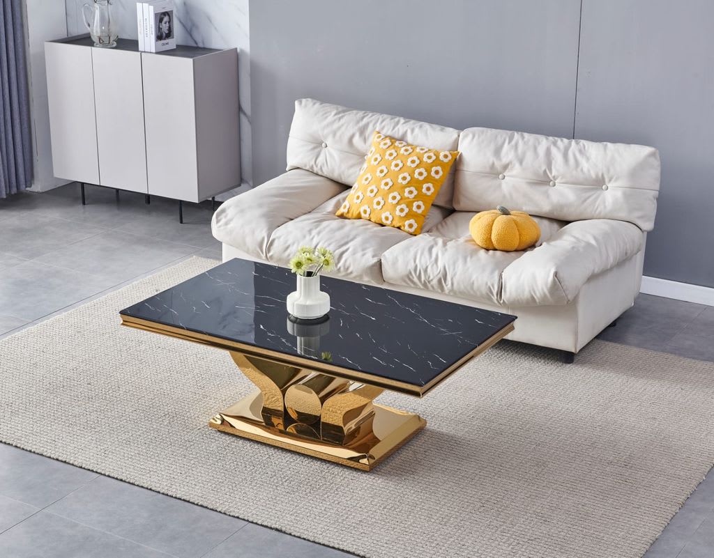 Table basse Trofy Gold et plateau en verre 120x70 cm