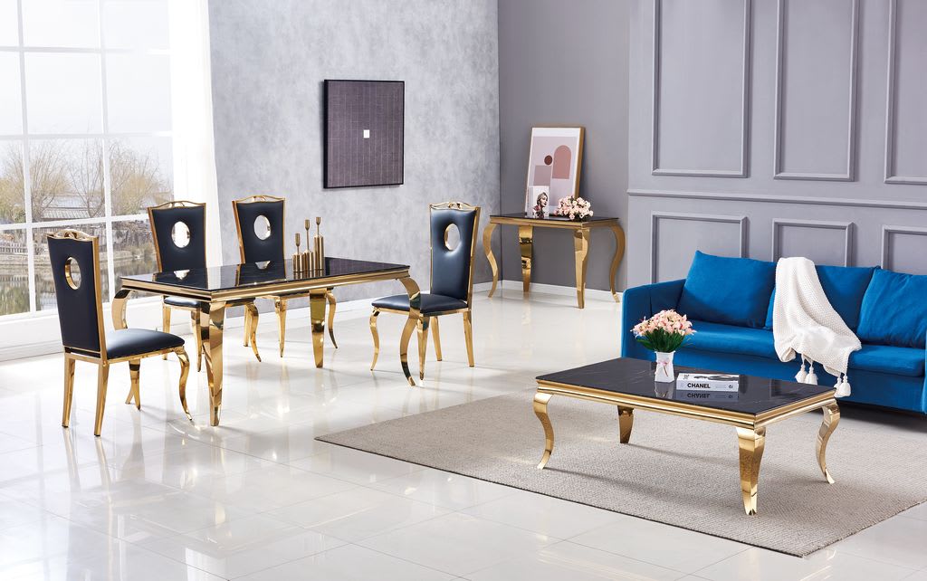 Table à manger BAROQUE 4 à 6 couverts pieds gold plateau en verre 150x90 cm