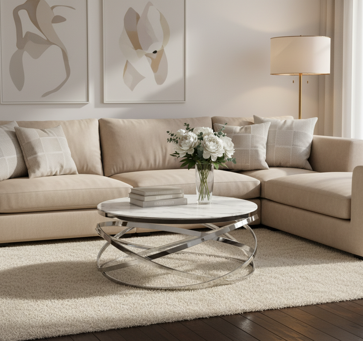 Table Basse EVOL structure chrome et plateau en verre D 90cm