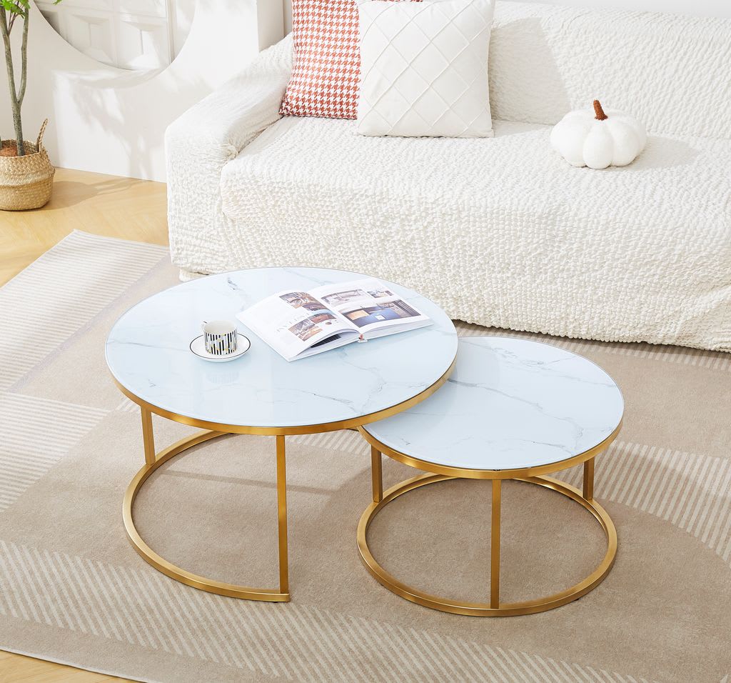 Ensemble de 2 Tables basses Gigogne Marbre Blanc Gold Brossé