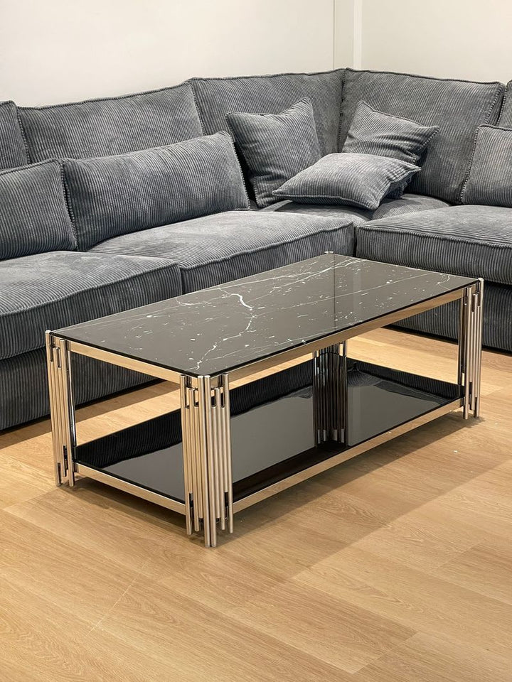 TABLE BASSE FLUTE CHROME NOIR ET MARBRE NOIR 120x60x45 cm