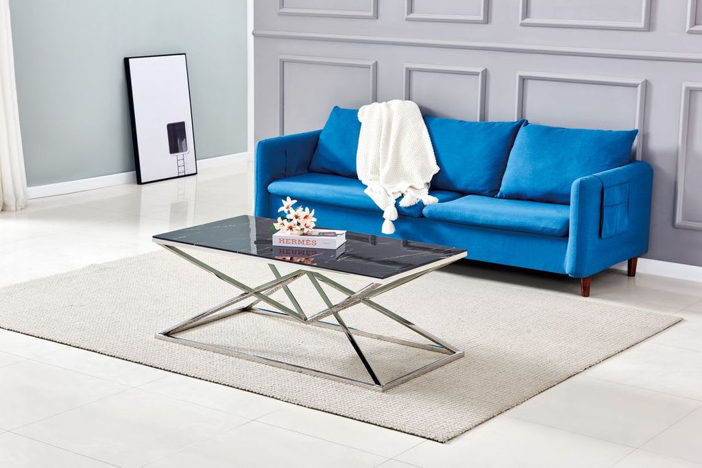 TABLE BASSE PYRAMIDE RECTANGLE CHROME MARBRE NOIR