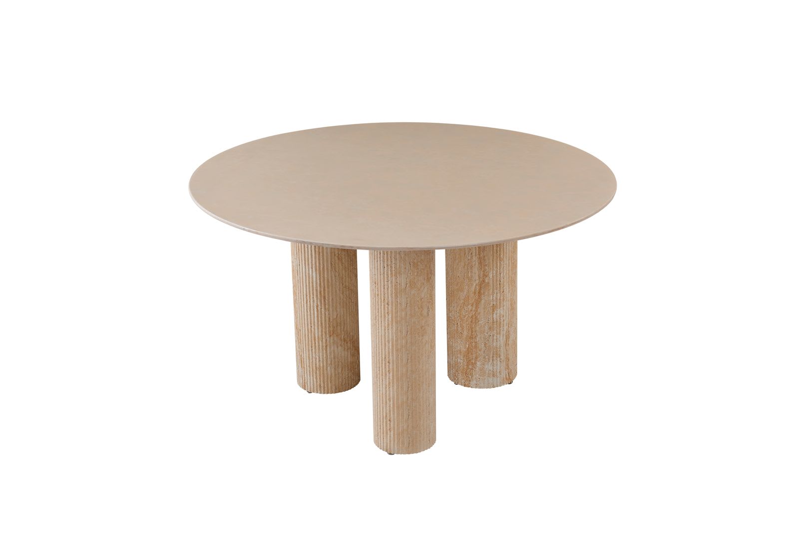 TABLE REPAS ANAÏS PIEDS TRAVERTIN PLATEAU CERAMIQUE BEIGE BRILLANT 120CM