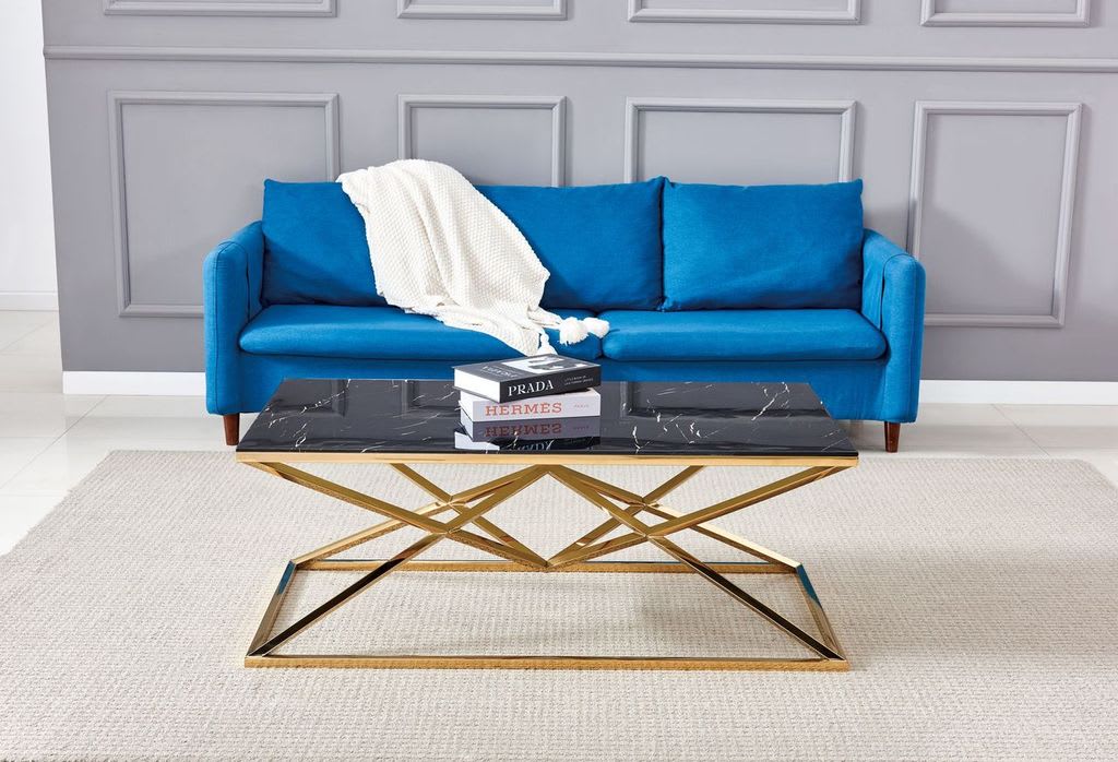 TABLE BASSE PYRAMIDE RECTANGLE GOLD MARBRE NOIR 120x60cm