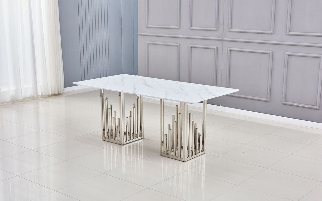 TABLE REPAS STALAX CHROME MARBRE BLANC 180x90 cm