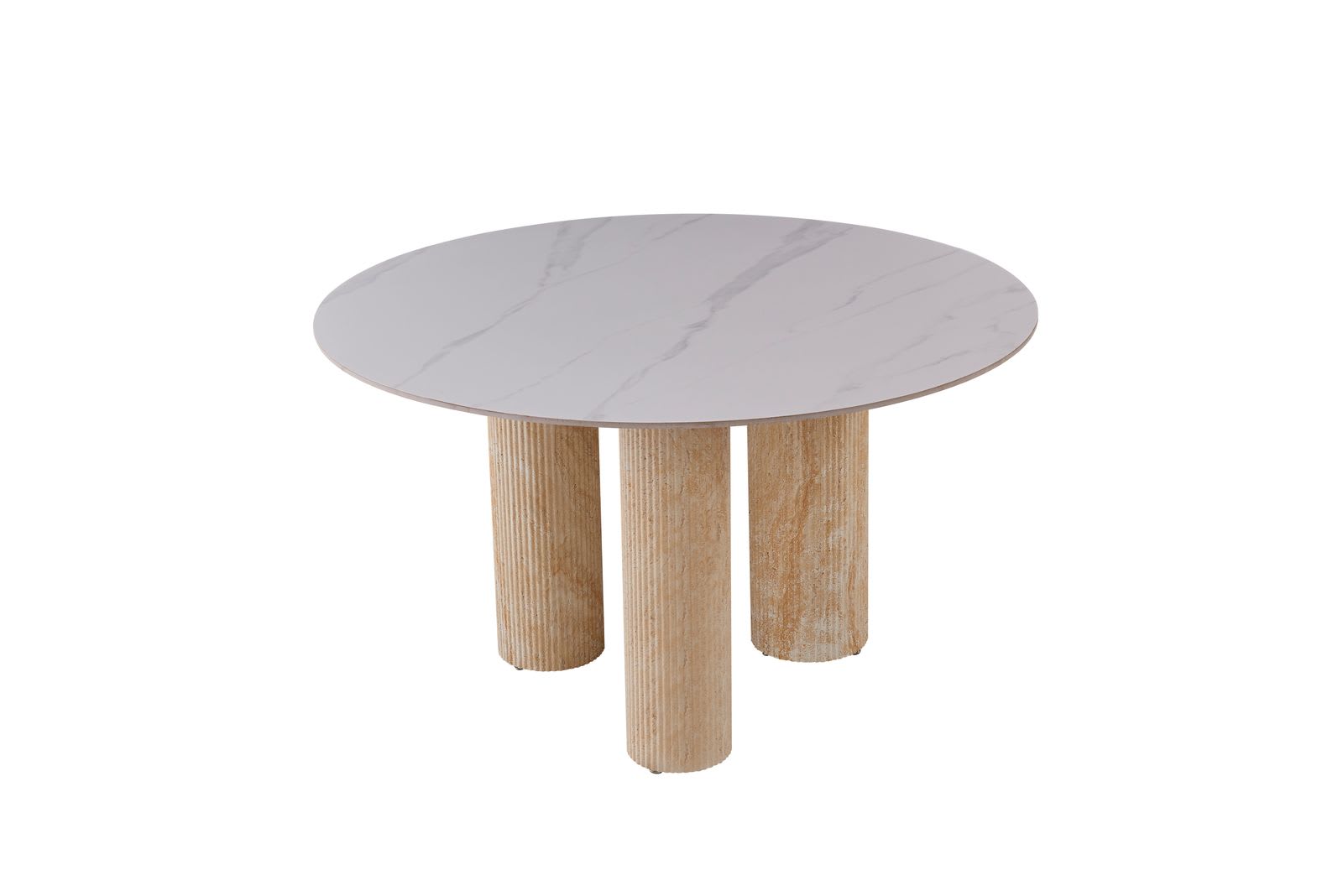TABLE REPAS ANAÏS PIEDS TRAVERTIN PLATEAU CERAMIQUE MARBRE BLANC 120CM